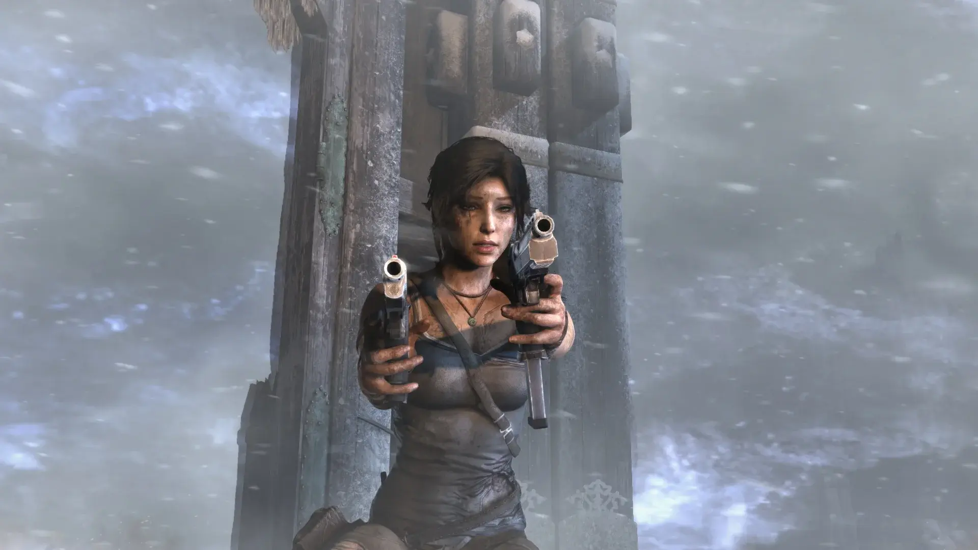Lara aiming the Magnum Pistol and Tactical Pistol together during the player-fired Tomb Raider 2013 finale