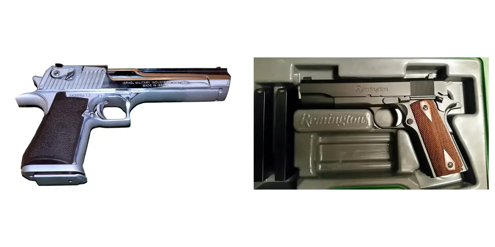 Real Desert Eagle and Remington 1911 R1 pistols shown side by side