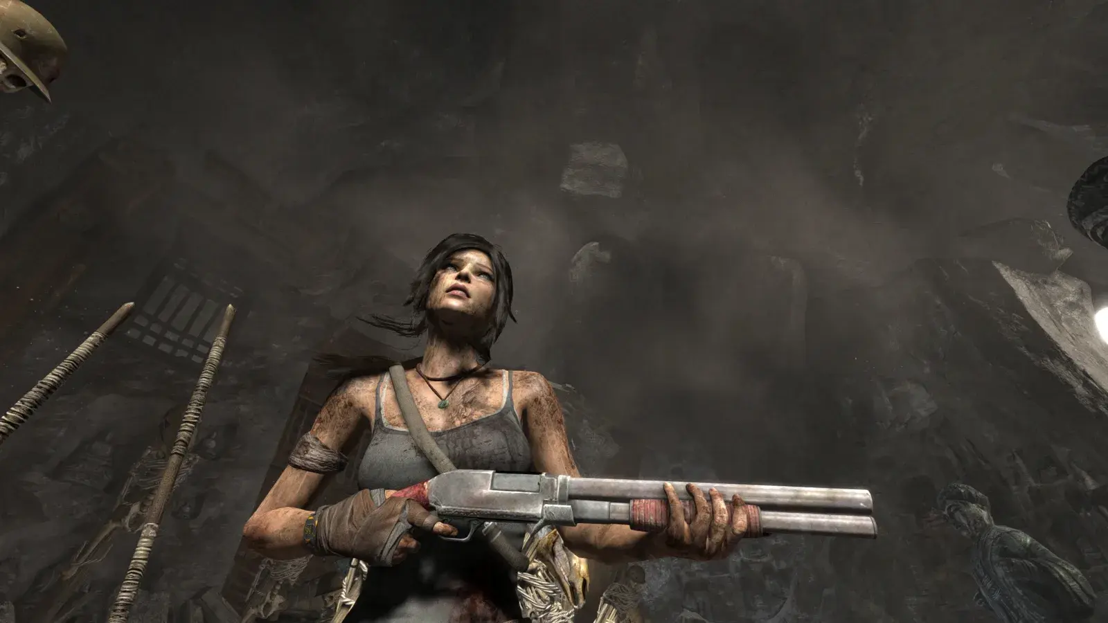 Lara holding the Trench Shotgun in Tomb Raider 2013