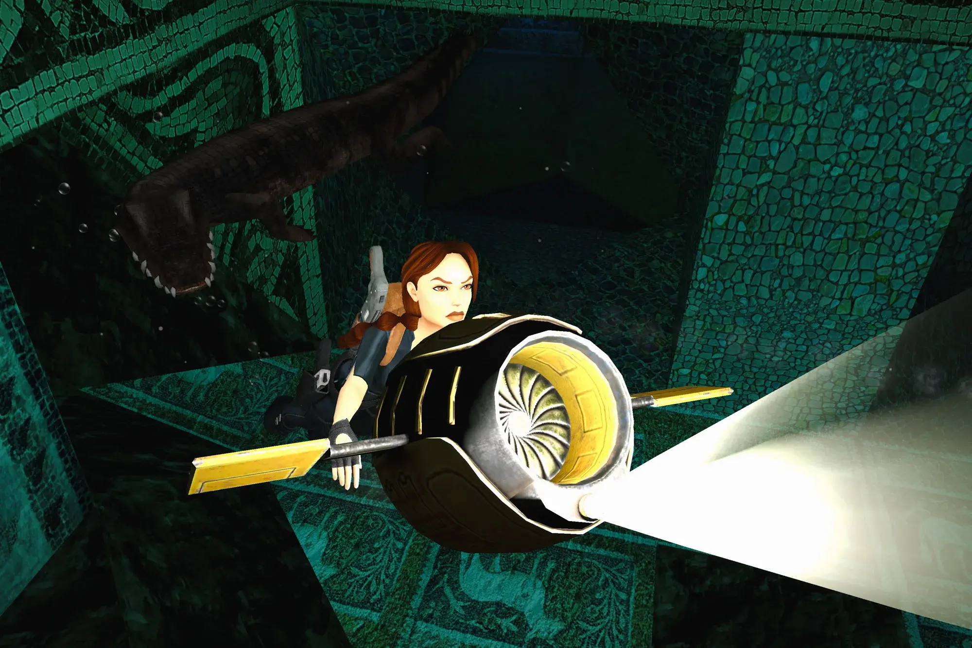 Lara operating the armed Underwater Propulsion Vehicle in Tomb Raider III Remastered