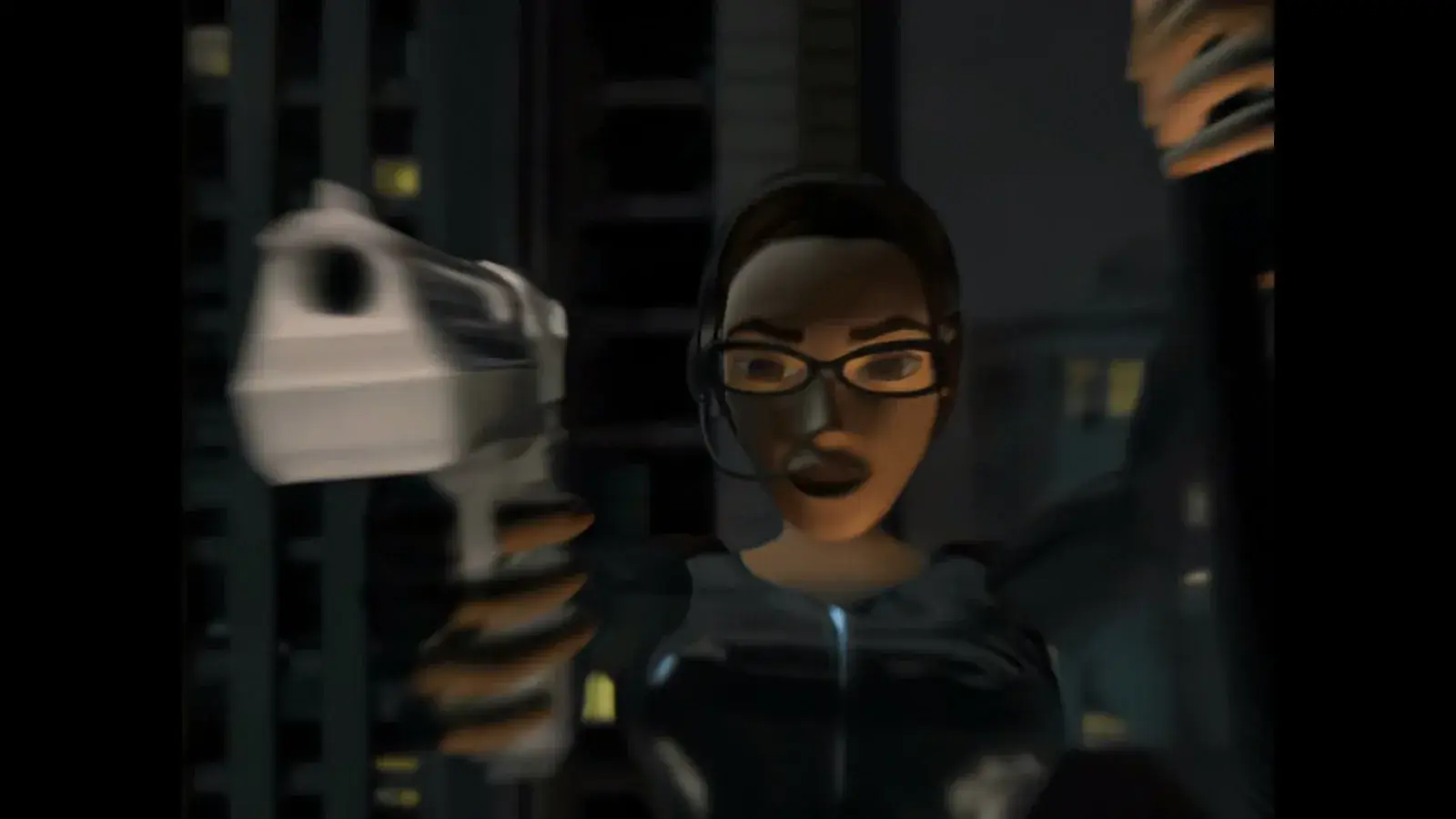 Lara holding a Desert Eagle during a Tomb Raider Chronicles full-motion-video scene