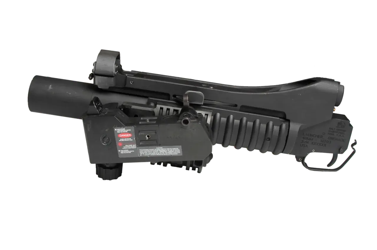M203A2 grenade launcher shown only as a family comparison for the standalone M203PI-style Grappling Gun