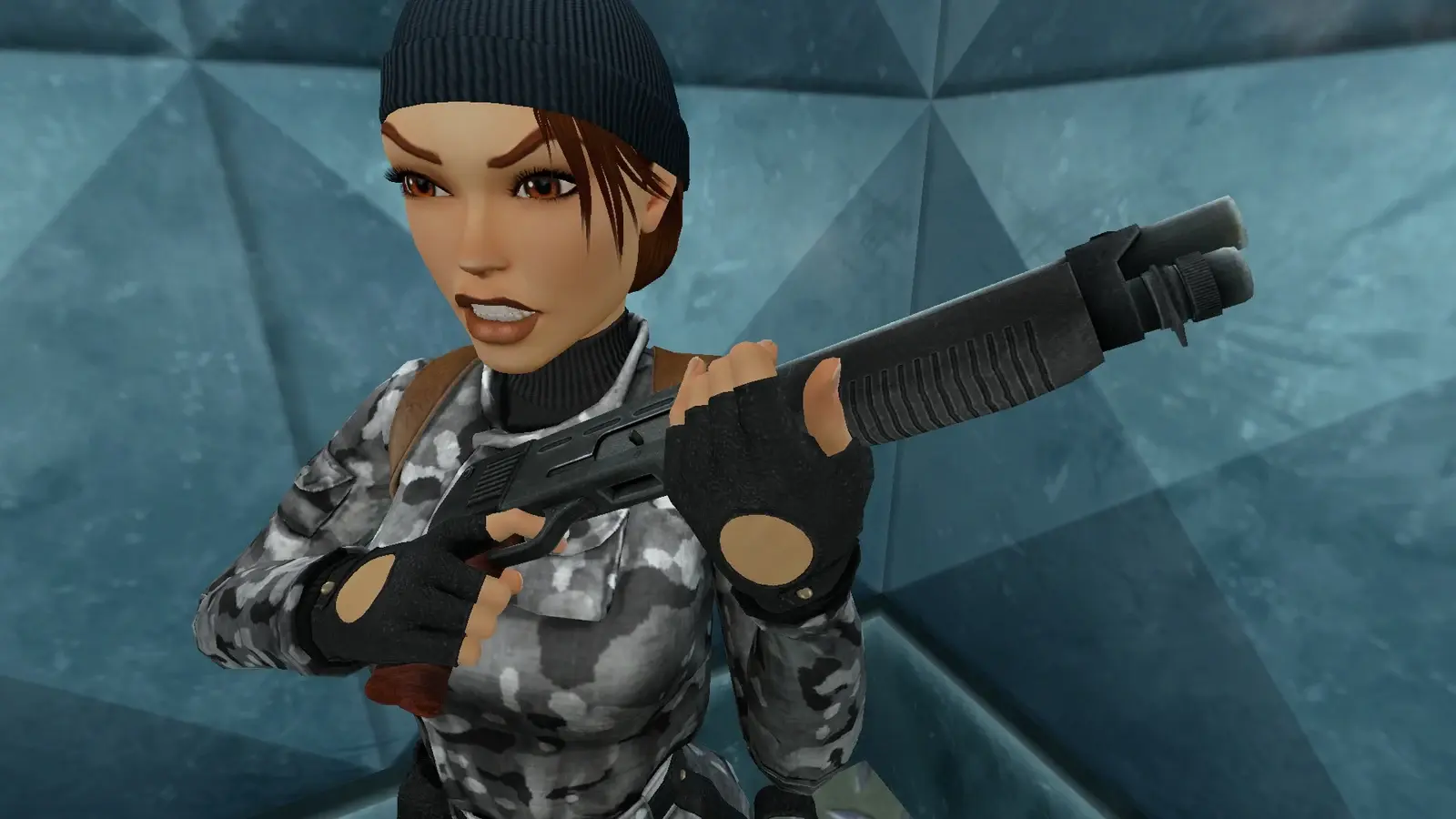 Lara holding the remastered Benelli M3-style Shotgun during the Russian submarine episode in Tomb Raider Chronicles