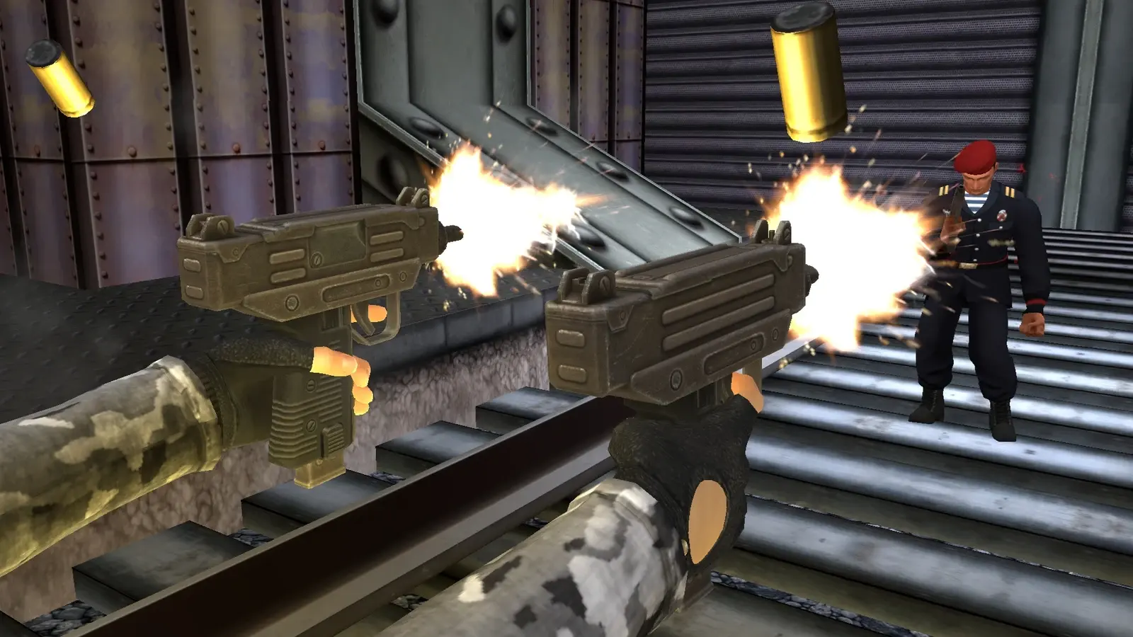 Lara firing both remastered Micro Uzi-style guns at a VCI guard in Tomb Raider Chronicles