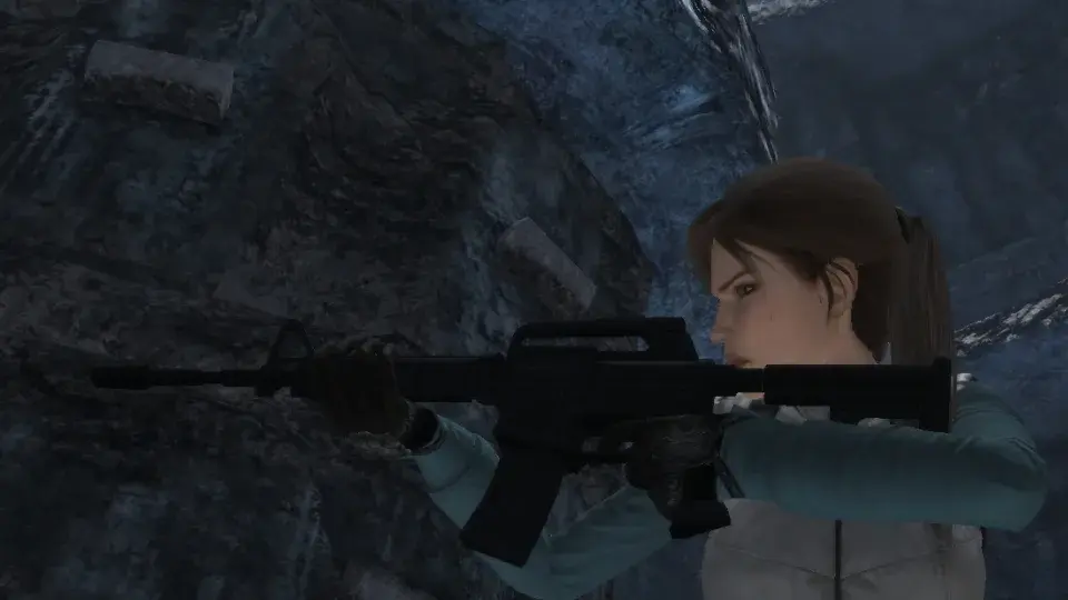 Lara Croft firing the A12 Carbine left-handed in Tomb Raider Underworld