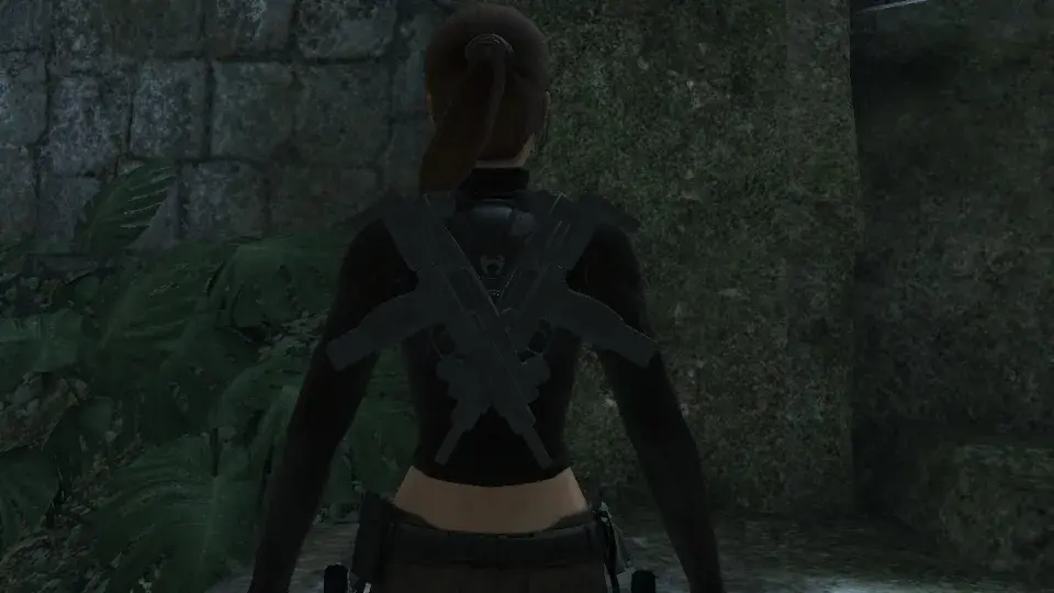 Two Autsi Uzi-style submachine guns crossed on Lara Croft's back in Tomb Raider Underworld