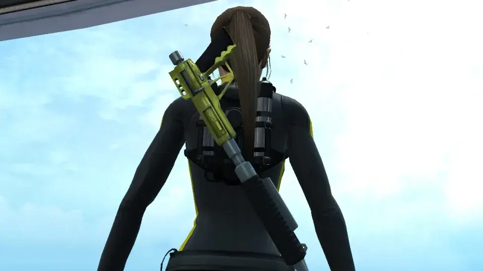 The yellow Stingray T-40 Carbon spear gun carried on Lara Croft's back in Tomb Raider Underworld