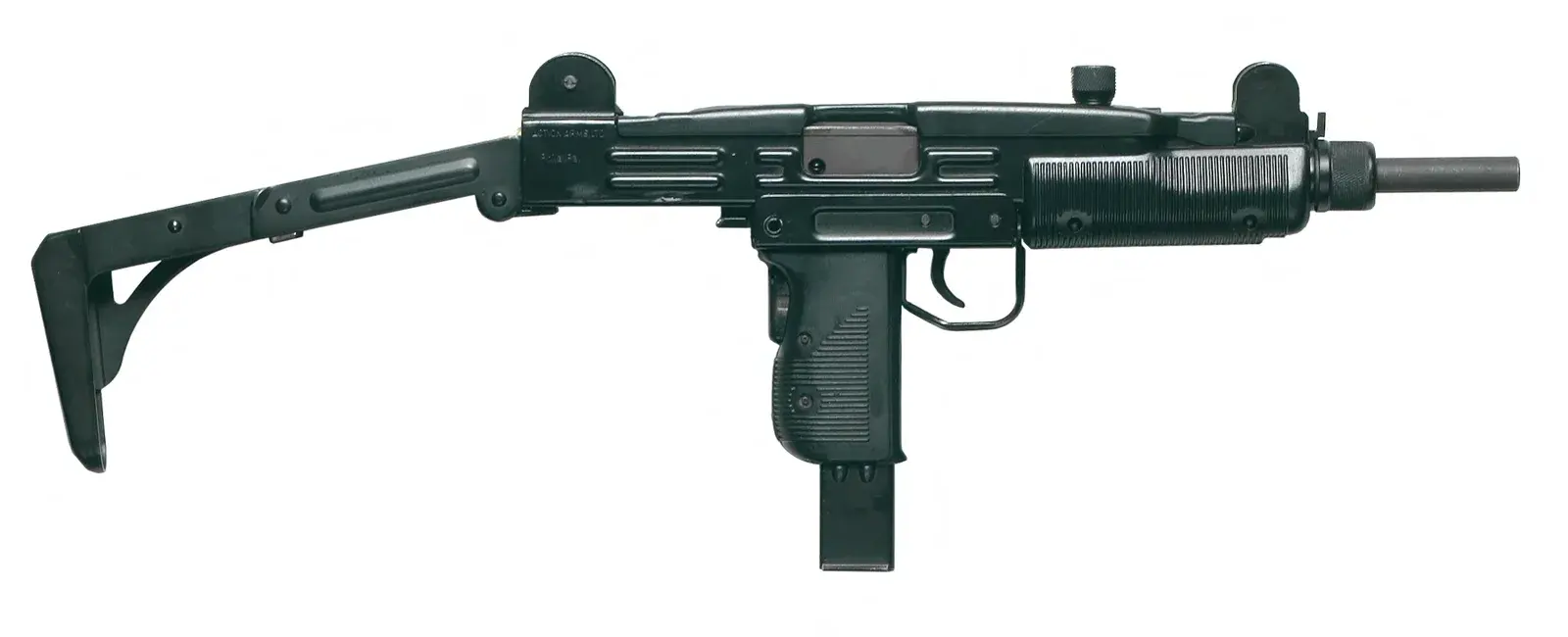 Full-size Uzi submachine gun viewed from the left with its folding stock extended