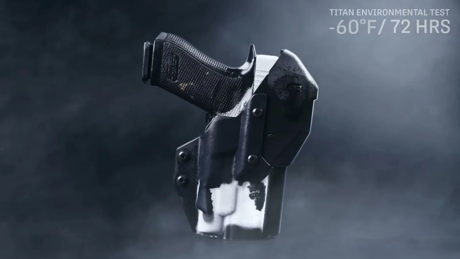 T.REX Titan holster encrusted in ice with a Glock pistol inserted, after a 72-hour environmental soak at -60F