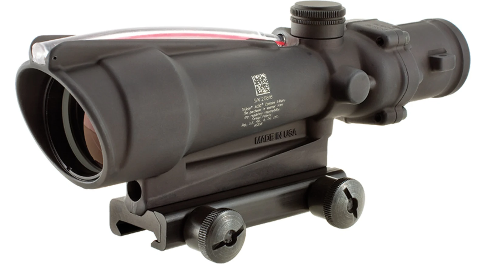 Trijicon ACOG 3.5x35 riflescope on its TA51 thumbscrew flattop mount, shown from the rear three-quarter angle with the red fiber optic collector on top