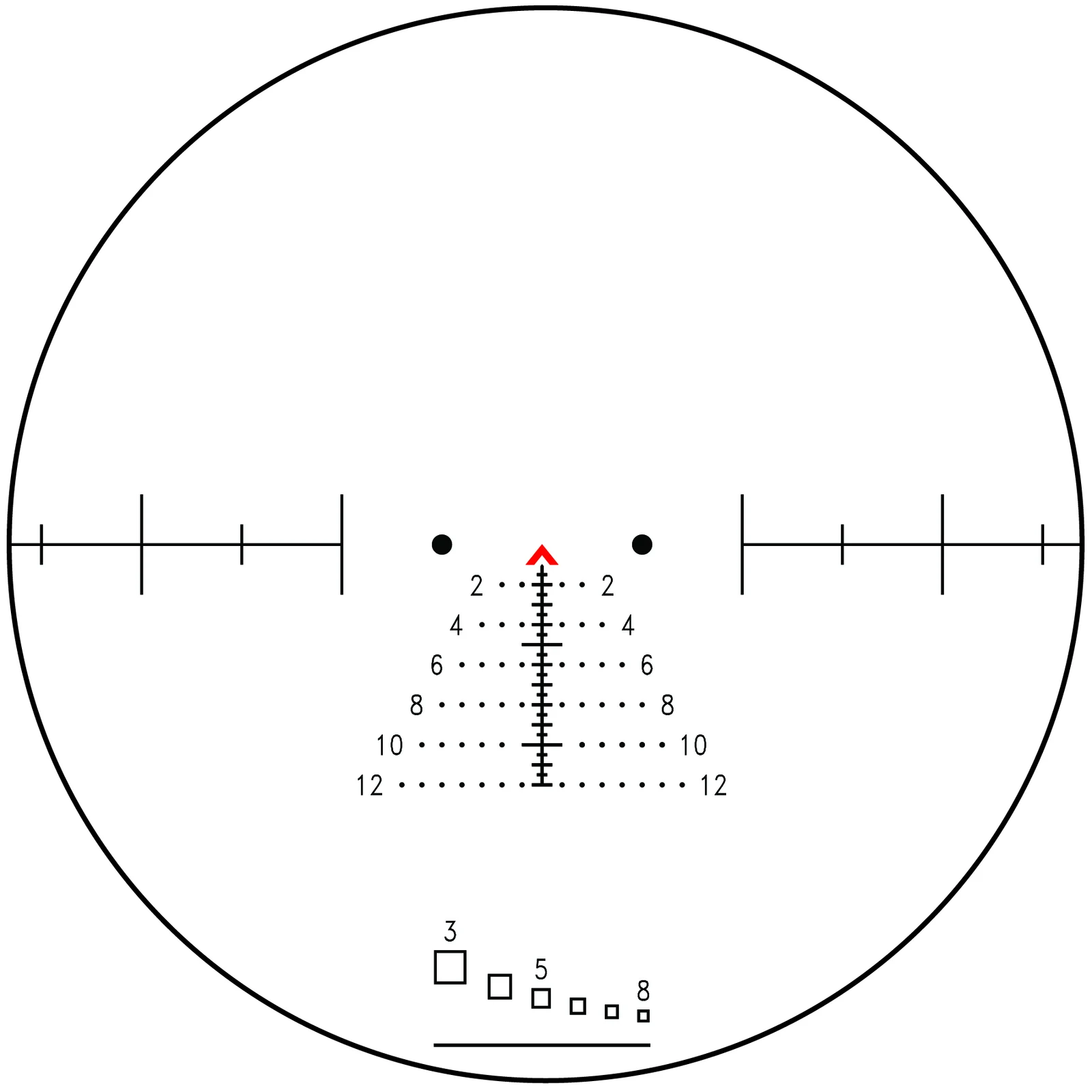 Trijicon ACOG 4x32 MRAD chevron tree reticle diagram showing the red chevron, numbered holdover rows from 2 to 12, horizontal stadia, and a box ranging scale