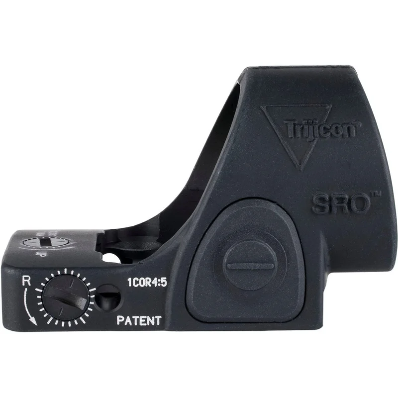 Side profile of the black Trijicon SRO Green Dot showing the wide circular window and 7075-T6 forged aluminum housing