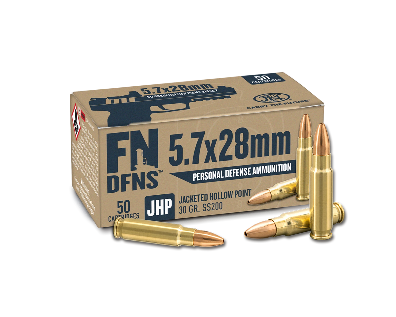 FN DFNS SS200 5.7x28mm personal defense ammunition box with loose 30 grain jacketed hollow point cartridges standing beside it