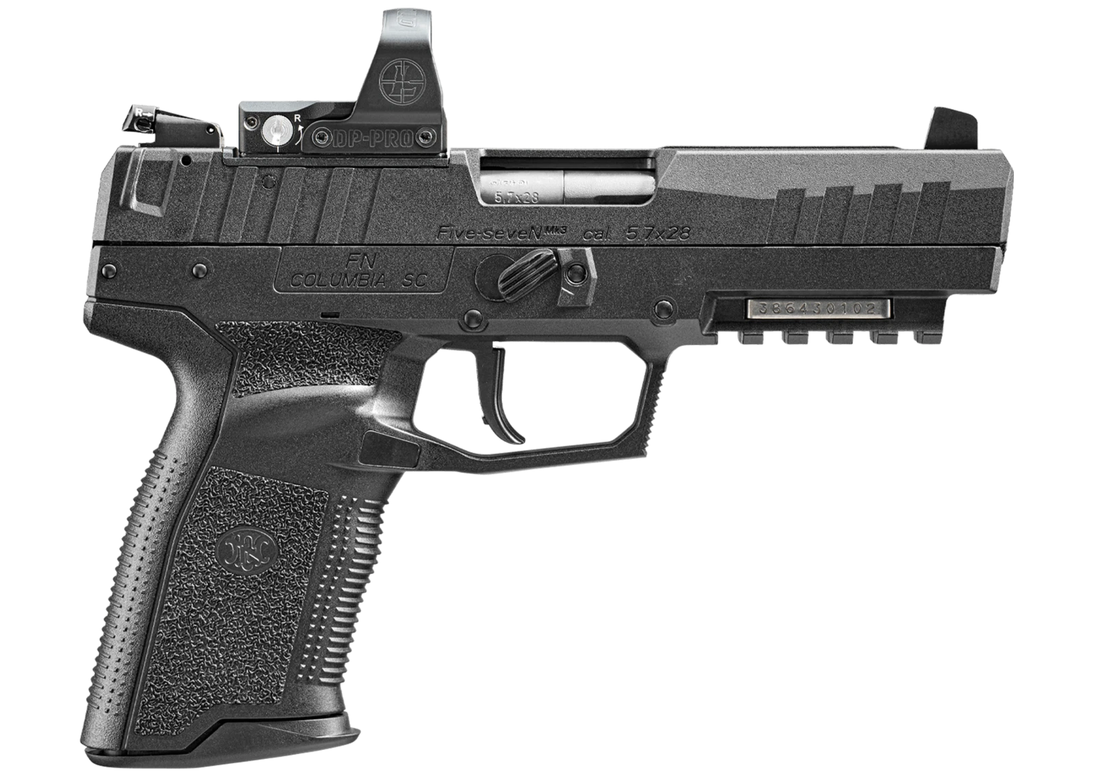 FN Five-seveN MRD pistol, left side profile, with a Leupold DeltaPoint Pro red dot mounted to the slide and a Picatinny accessory rail under the dust cover