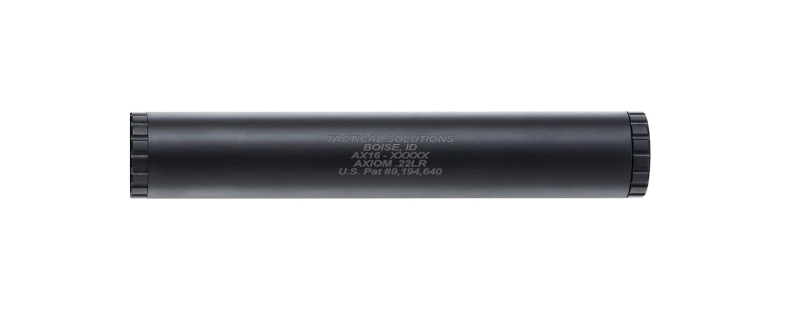 Tactical Solutions Axiom rimfire silencer, matte black tube laid horizontally, engraved Tactical Solutions Boise ID AXIOM .22LR