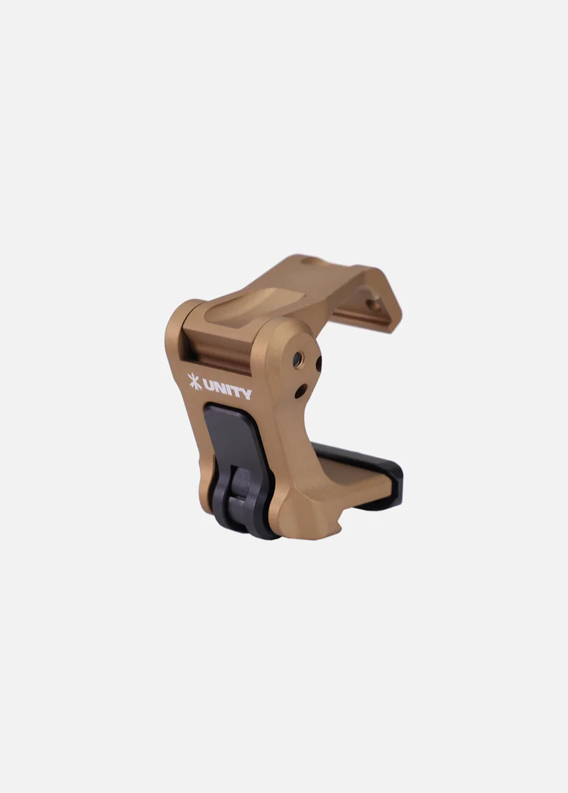 Studio product shot of the Unity Tactical FAST FTC Holosun mount in Flat Dark Earth showing the 7075-T6 aluminum body, QD lever, and clamp geometry from a three-quarter angle.