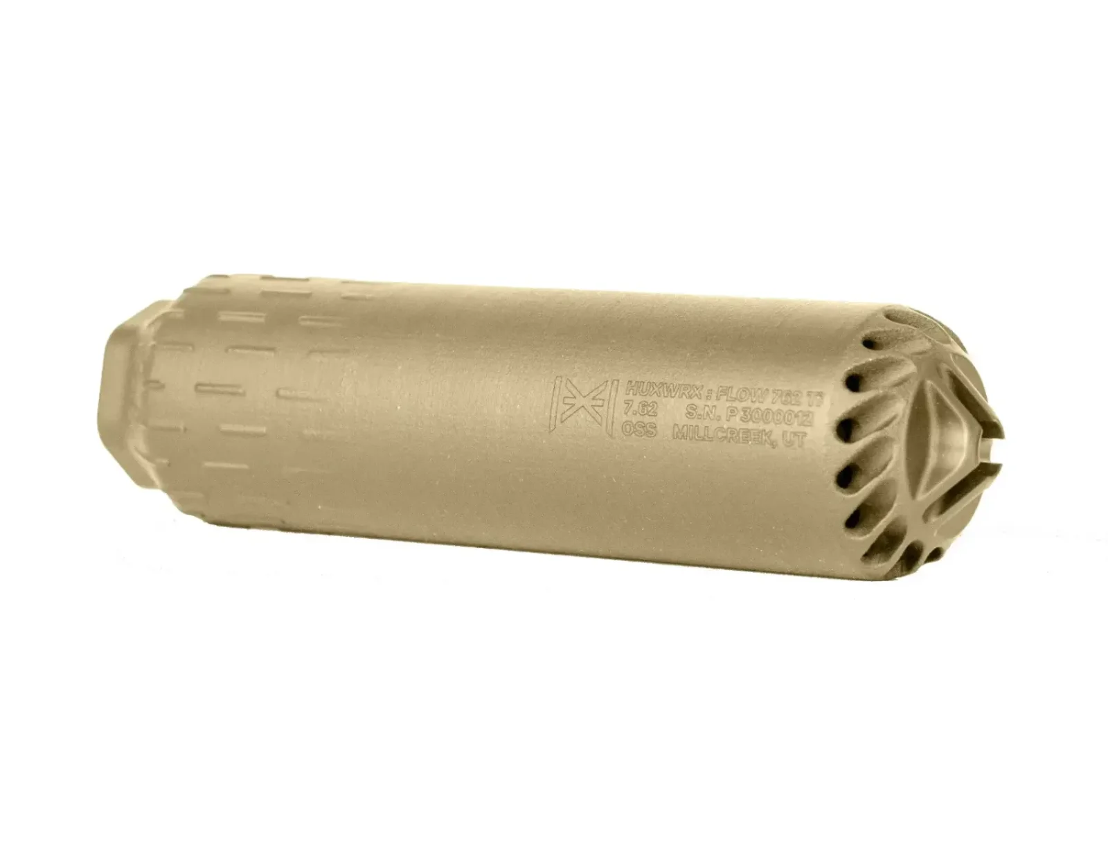 HUXWRX FLOW Ti flow-through suppressor in flat dark earth, showing the ported flow-through end cap design UO Arms is offering with the NT7