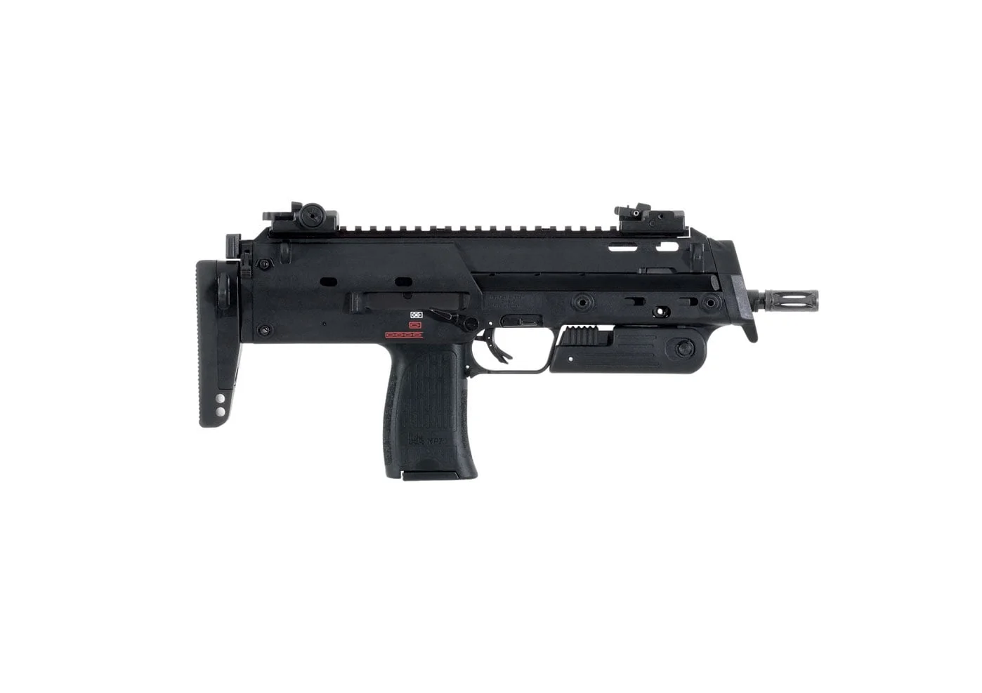 Heckler & Koch MP7A1 in 4.6x30mm, left side profile, showing the compact gas-operated PDW the UO Arms NT7 clones