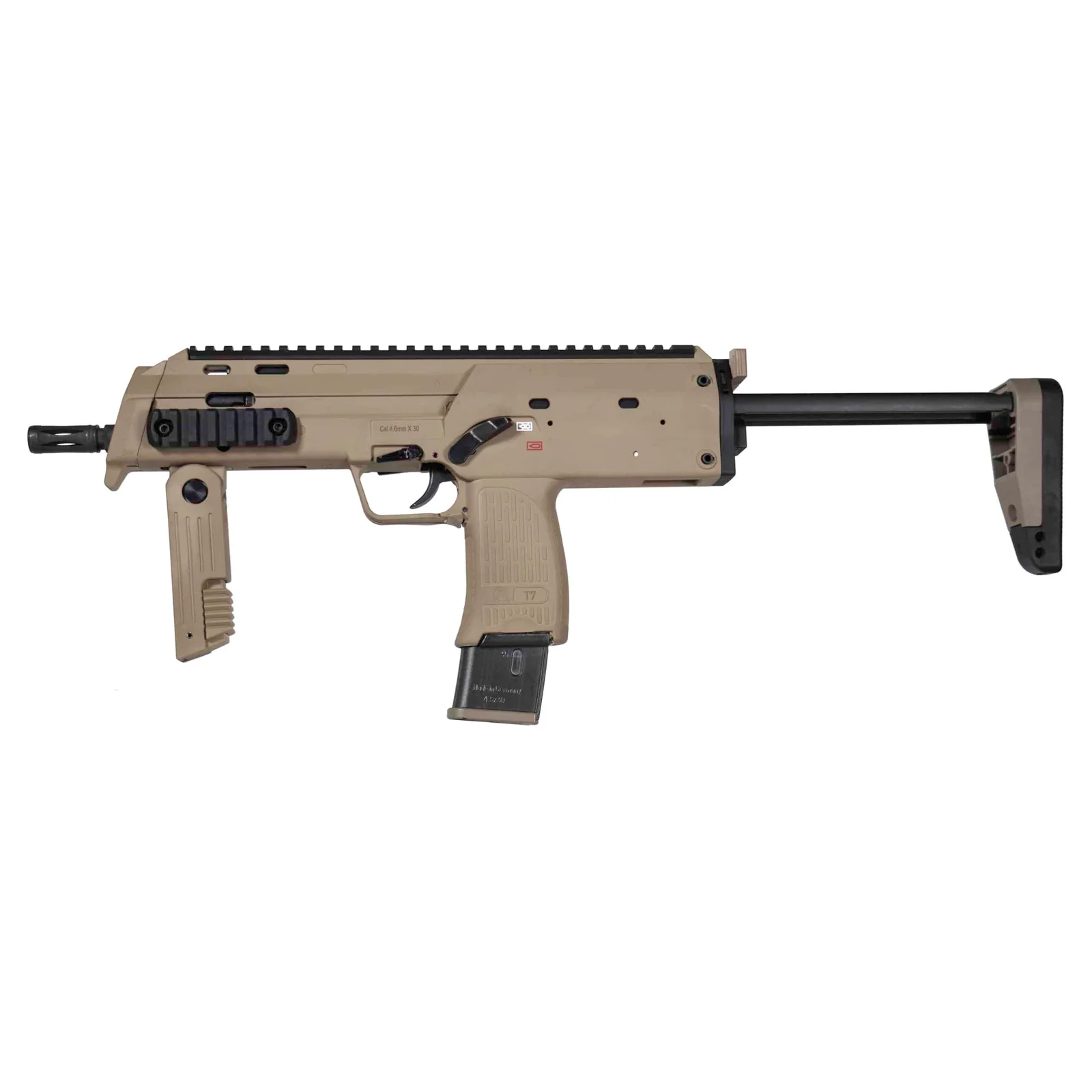 Tommybuilt T7 in flat dark earth with stock extended, marked Cal 4.6mm X 30 and T7 on the receiver, the platform UO Arms is relaunching as the NT7