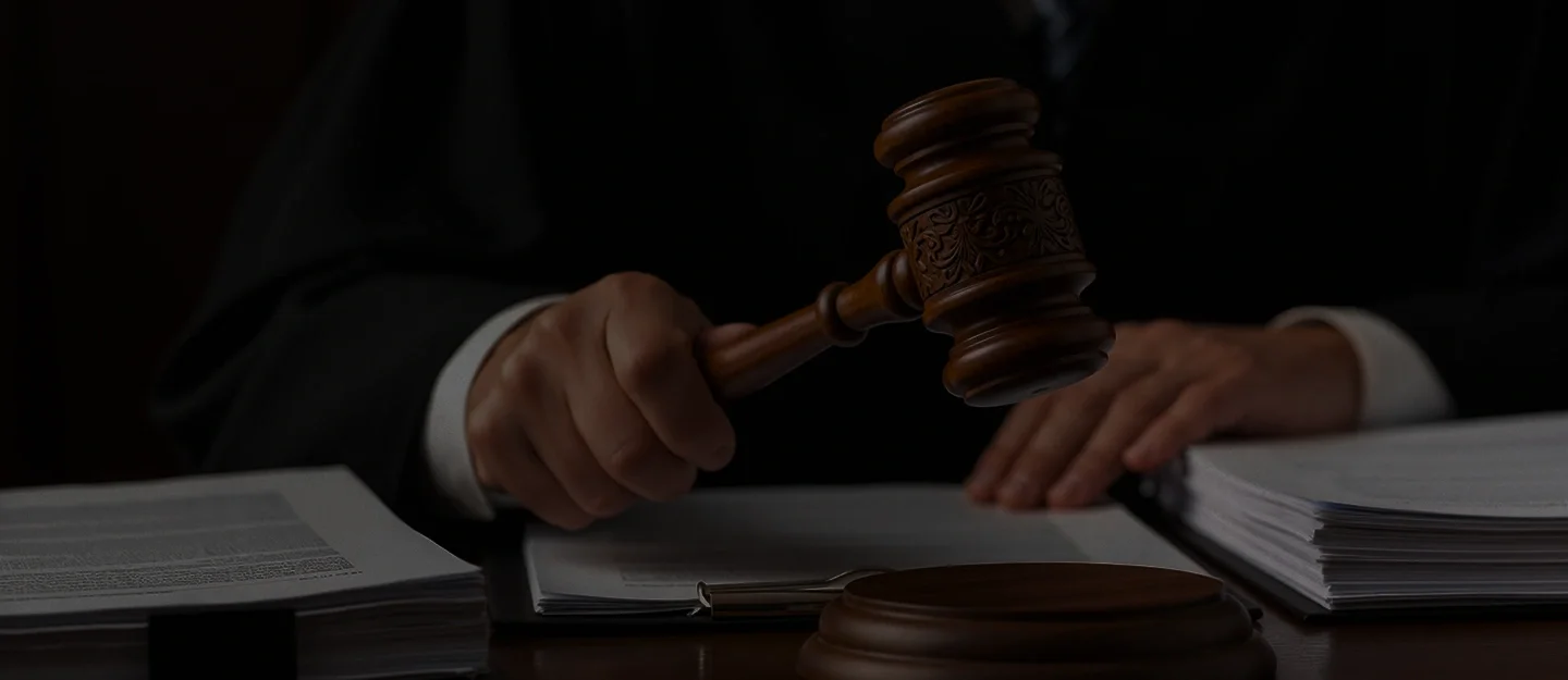 A judge's gavel resting on legal documents on a dark wooden desk.