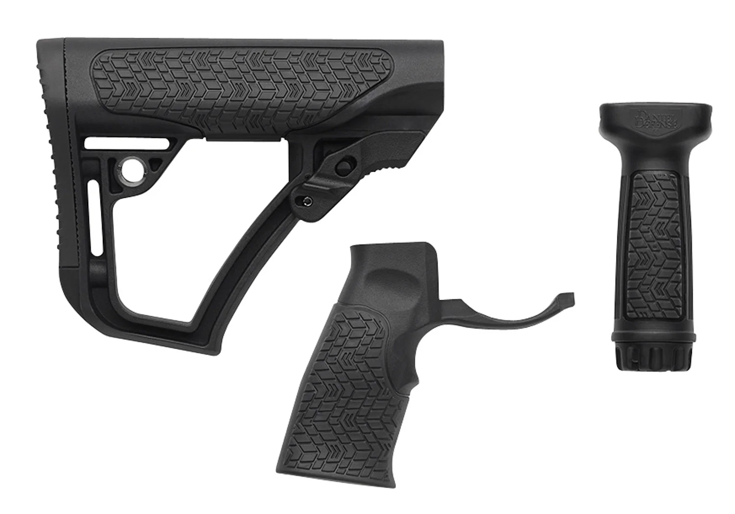 Daniel Defense AR-15 furniture kit with collapsible buttstock, pistol grip, and vertical foregrip on white background