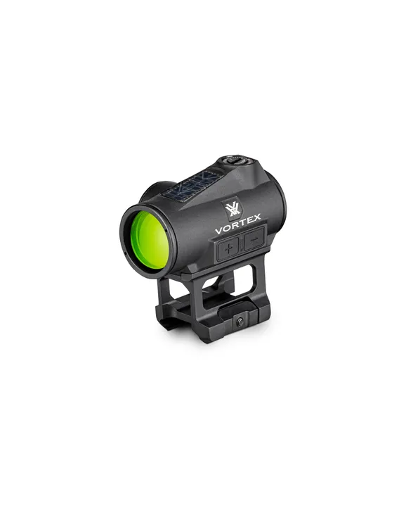 Vortex Crossfire II Solar red dot in black with a green 2 MOA reticle and the solar panel visible on top of the housing