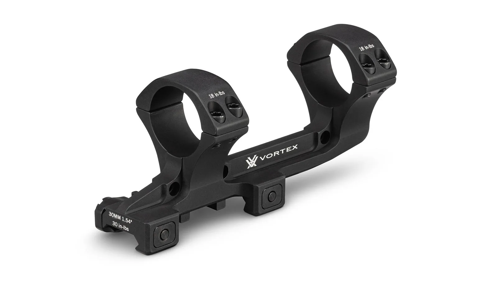 Reverse view of the Vortex Pro Cantilever 30mm mount showing its rail clamps, forward rings, and 1.54-inch marking
