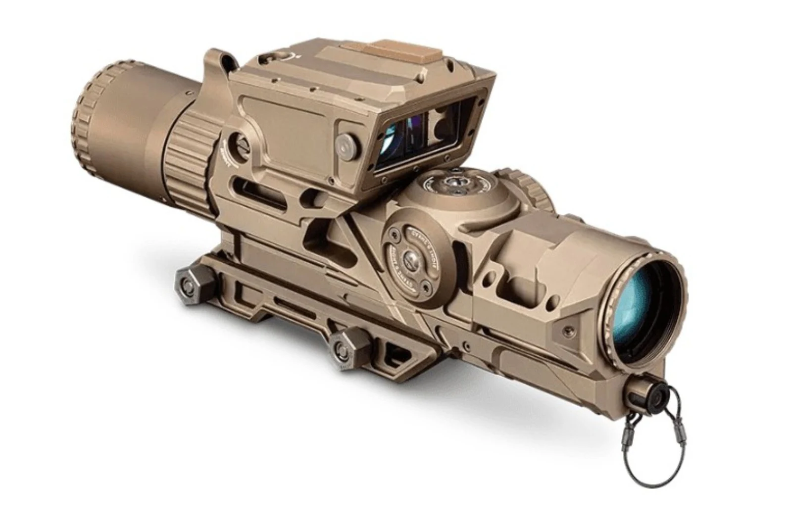 Vortex XM157 fire control optic in flat dark earth showing the rangefinder enabler housing on top, the elevation turret, the objective lens, and the integrated Picatinny mount