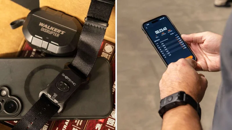 Walker's ShotSync wearable shot timer on wrist alongside smartphone showing the Walker's Link app