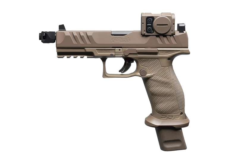 Walther P14 full side profile in FDE showing integrated compensator, Aimpoint ACRO P-2, suppressor-height sights, and extended magazine basepad