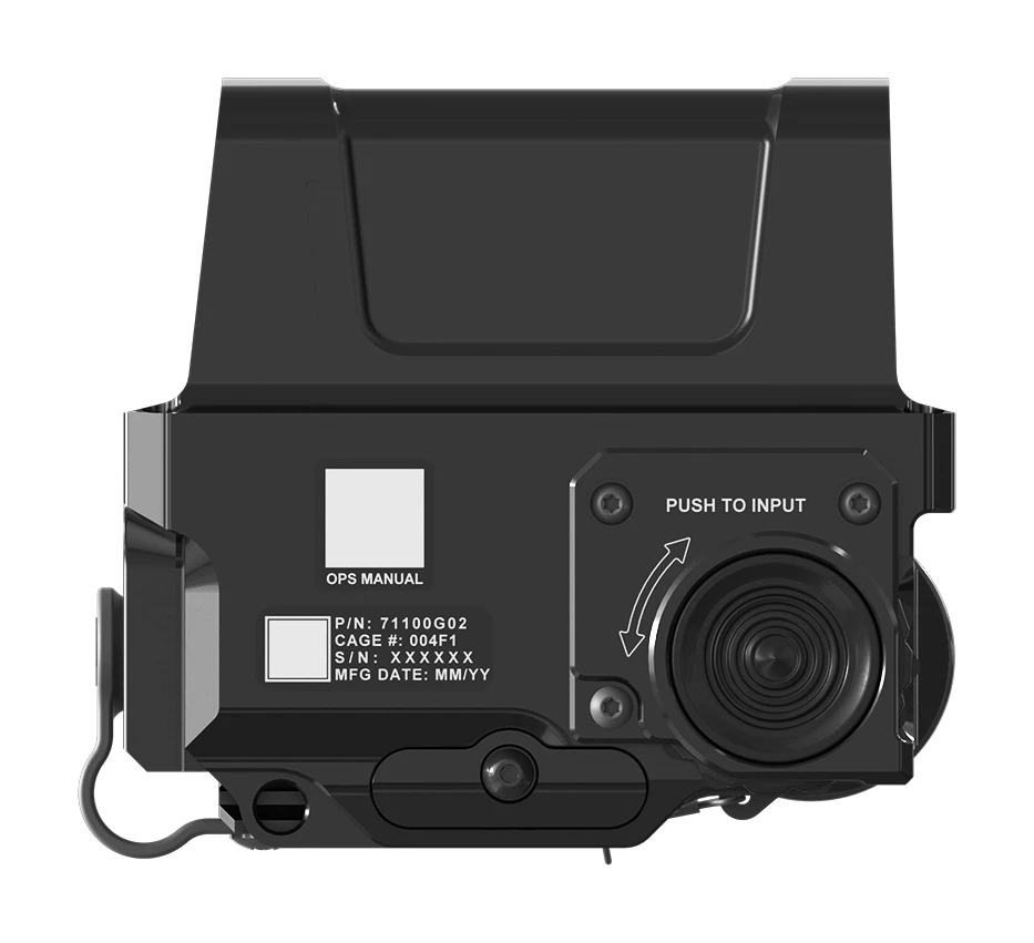 Side view render of the Wilcox VIPR showing the push-to-input control wheel with rotation arrows and a data plate reading P/N 71100G02