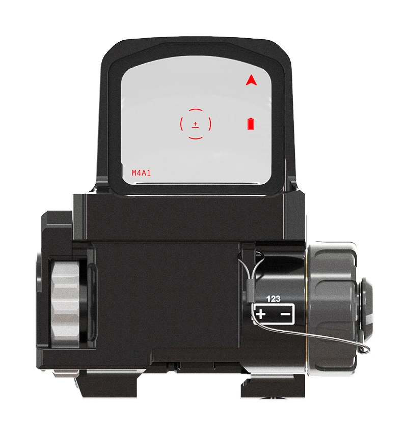 Rear view render of the Wilcox VIPR showing a red dot with a broken circle reticle, an M4A1 profile label, and a battery icon in the sight window