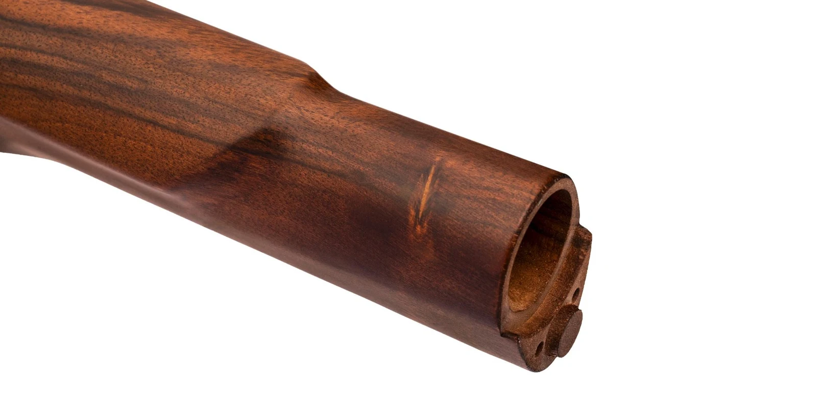 Rear view of the WOOX Vigilante Fixed Stock showing the hollow bore that slips over an A2 rifle-length buffer tube