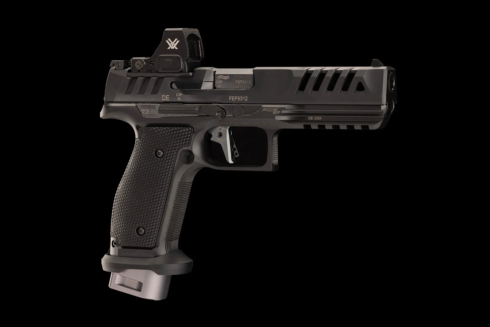 Walther PDP Steel Frame Match competition pistol with a magwell and extended magazine basepad, illustrating where the XS +5 extension lands on the gun