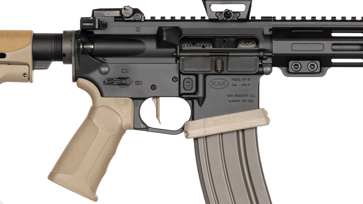 XTech X-Flare AR-15 flared magwell installed on a mil-spec AR-15 lower, shown in Black, FDE, and Grey colorways