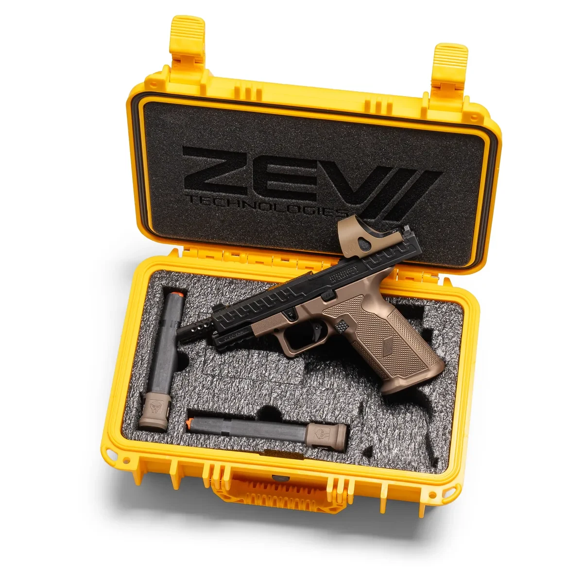 OZ DOOM XL pistol in its open yellow Condition 1 case with laser-cut foam and two magazines with FDE basepads