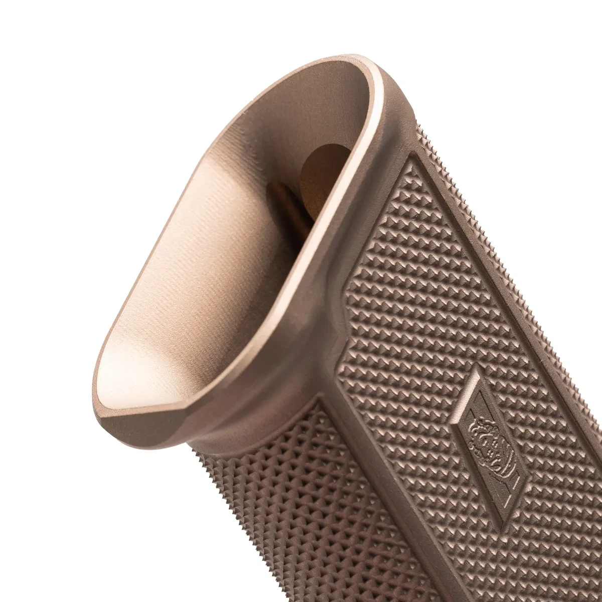 Close-up of the OZ DOOM XL FDE aluminum grip showing the integrated flared magwell, checkering, and Doom Gypsy diamond emblem