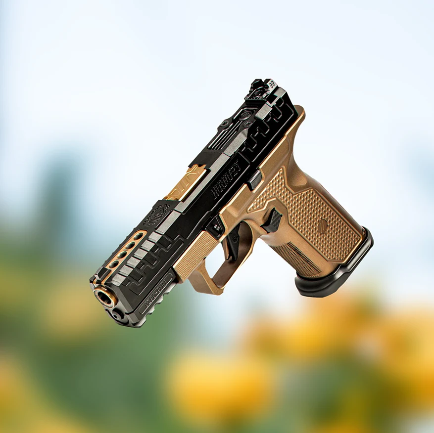 The original 2023 ZEV x WRMFZY OZ DOOM, a compact OZ9 Hypercomp with a ported black slide and bronze aluminum grip