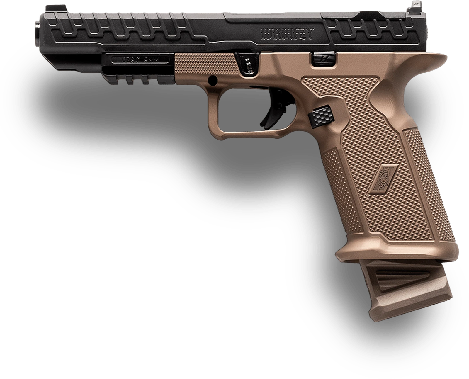 ZEV x WRMFZY OZ DOOM XL left side profile showing the black DLC long slide with WRMFZY serrations and the FDE aluminum grip with integrated magwell and extended basepad