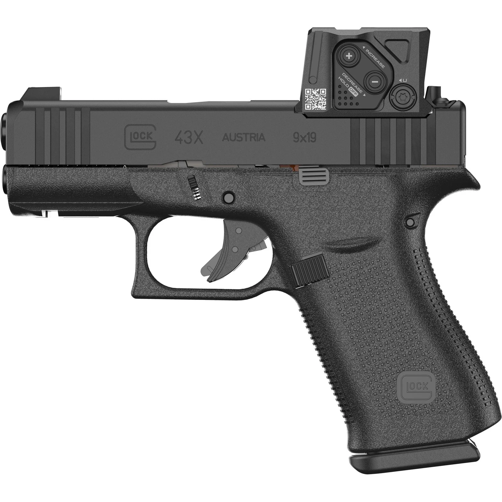 Glock 43X with an enclosed-emitter micro red dot mounted directly to the slide
