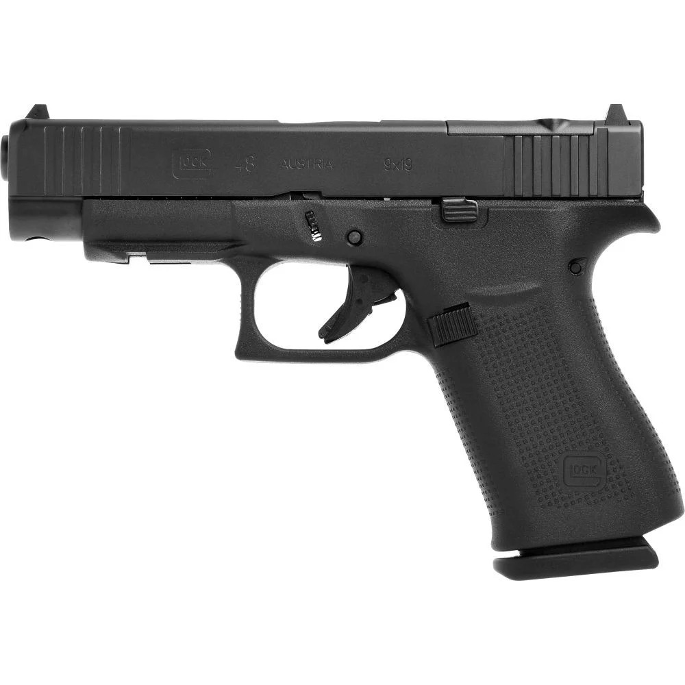 Factory Glock 48 in black, left side profile, with a solid non-optic-cut slide
