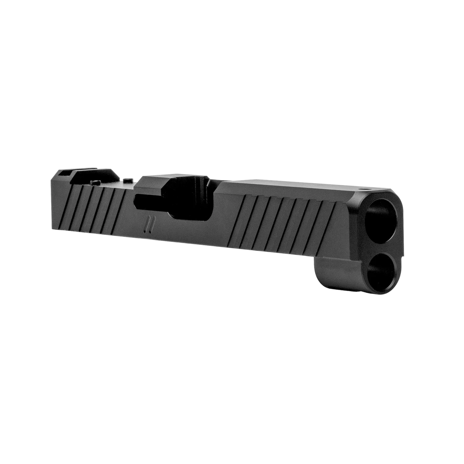 ZEV stripped Duty slide showing the empty optic cut pocket, front and rear cocking serrations, and no installed sights