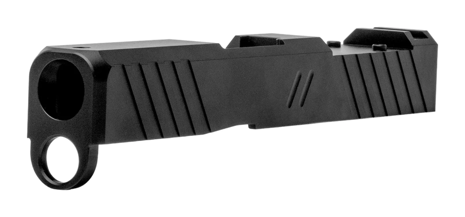 ZEV Z43 Duty slide viewed from the muzzle end at an angle, showing the empty RMSc optic pocket milled into the top rear of the slide