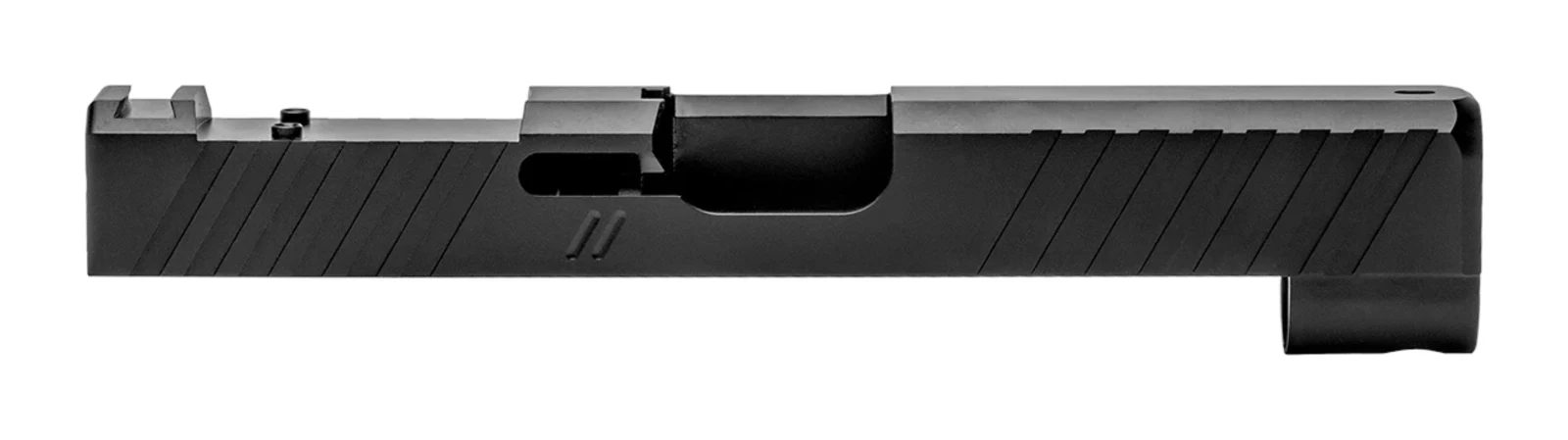 ZEV Z48 Duty slide in black nitride, left side profile, showing front and rear cocking serrations and the extended barrel hood