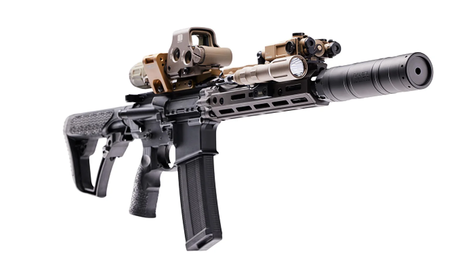 Daniel Defense rifle fitted with the black SG-556 suppressor