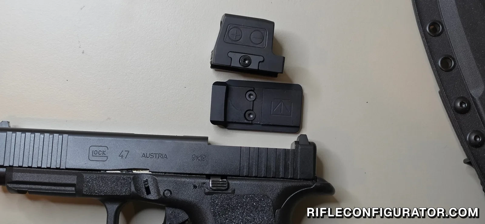 Close-up of a Glock MOS slide alongside the enclosed red dot and the MOS adapter plate the optic mounts on