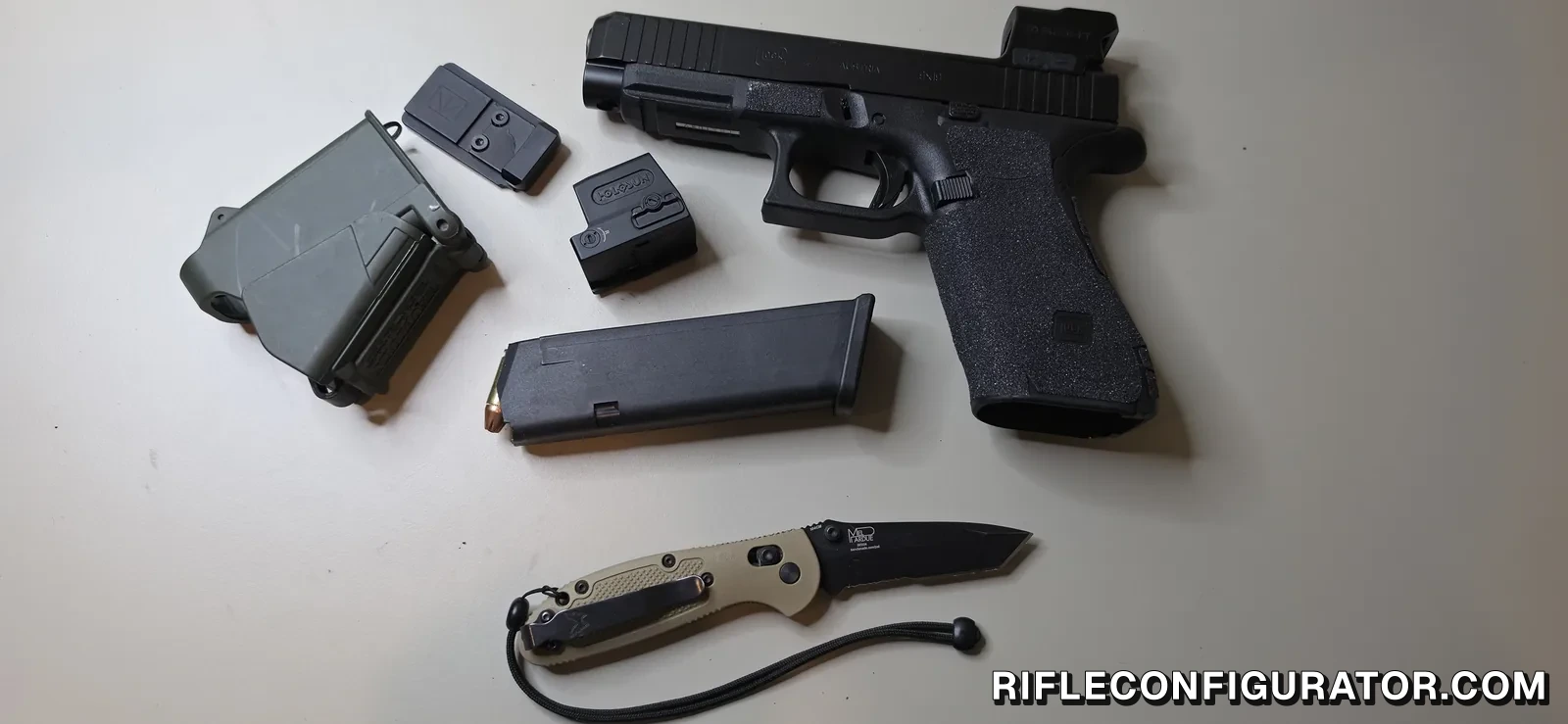 Glock MOS pistol with an enclosed red dot mounted, next to a loose adapter plate and a second red dot with a different mounting footprint