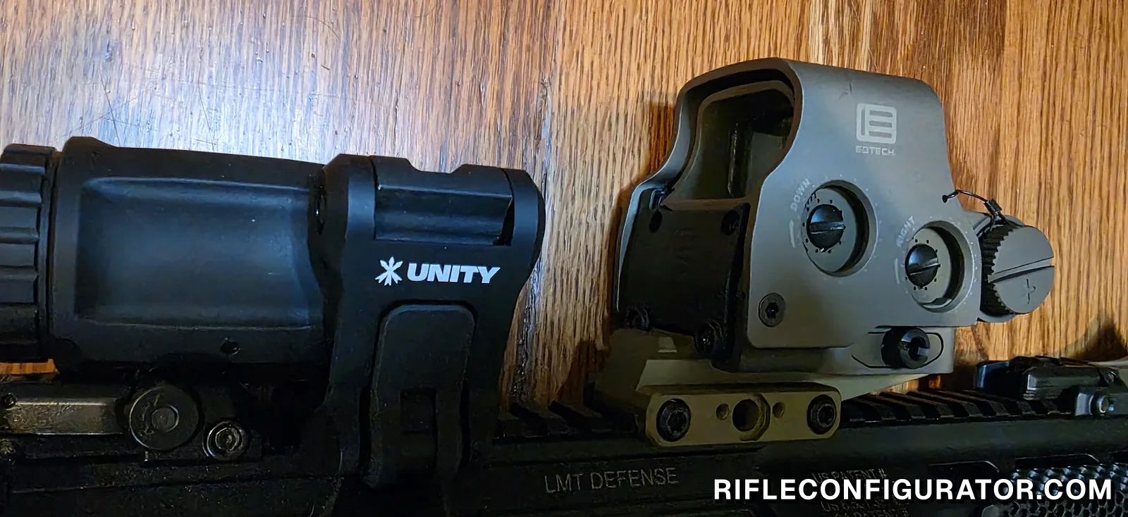 FDE EOTech EXPS3 on an LMT Defense upper receiver with a magnifier in a Unity flip-to-side mount behind it