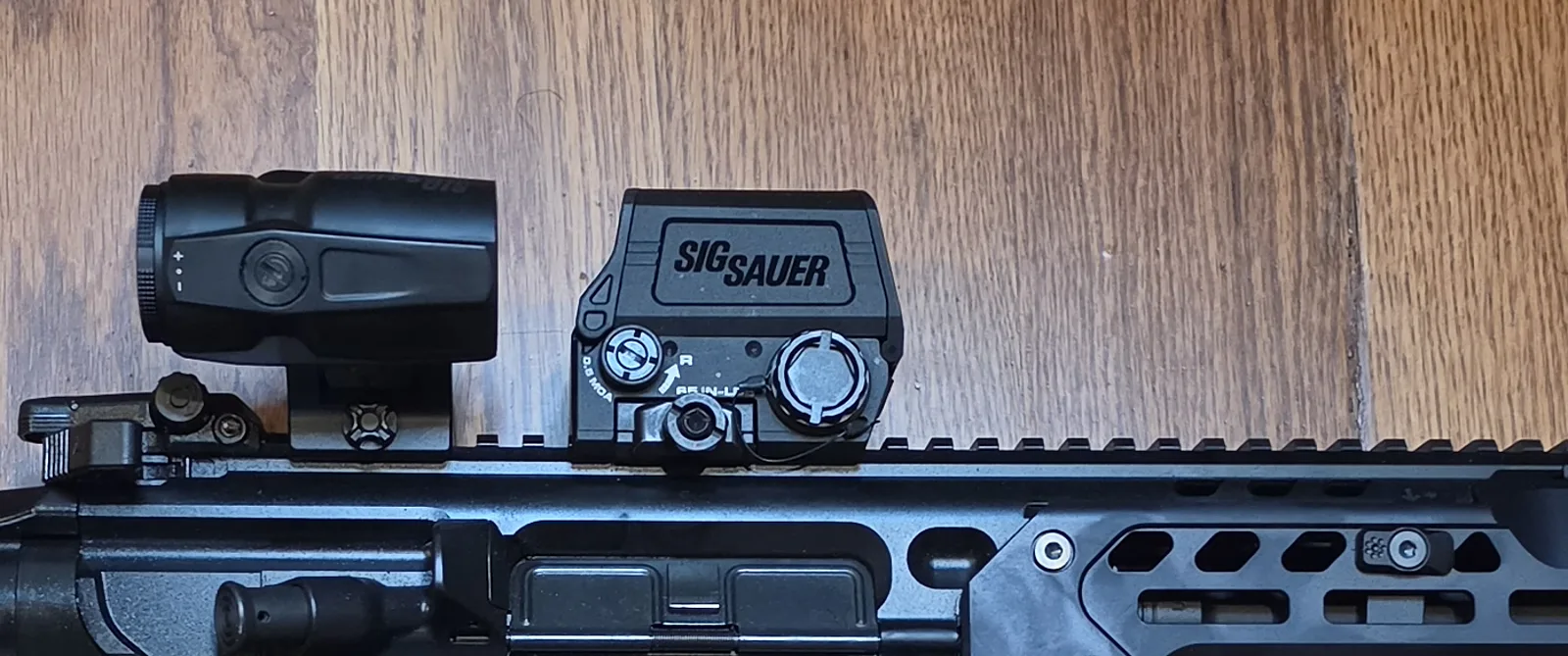 SIG Romeo 8T AMR and magnifier mounted on our rifle