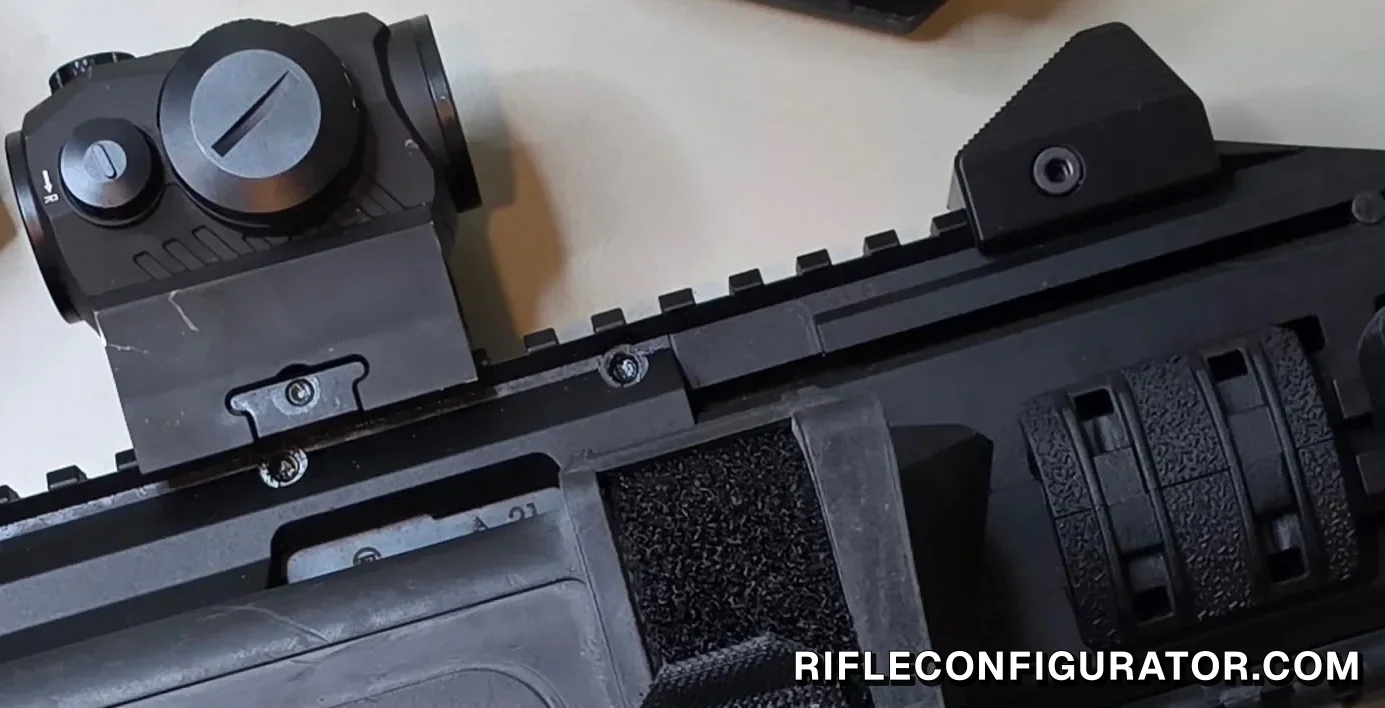 Our first-generation Sig Sauer Romeo 5 on a riser on the receiver rail of a CZ Scorpion EVO 3 S1